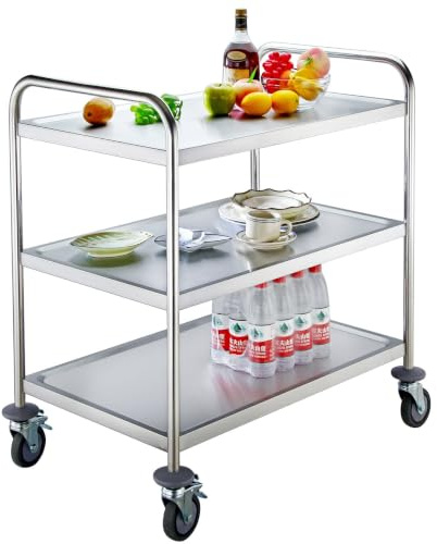 GastroHero Servierwagen, Transportwagen, 3 Etagen, Edelstahl FR-S3ECO | 4 Rollen, davon 2 gebremst, maximale Traglast pro Etage 40 kg, maximale Gesamttraglast 140 kg, 71x41x81 cm