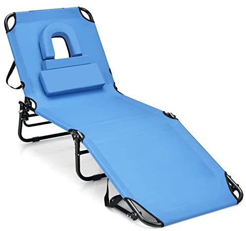 LIFEZEAL Chaise Longue Pliante Inclinable à 5 Positions, Bain de Soleil avec Trou pour Visage, Charge 160KG, Transat Jardin Exterieur en Tissu Oxford 3 Coussins Amovibles, 194 x 63 x 37 cm (Bleu)