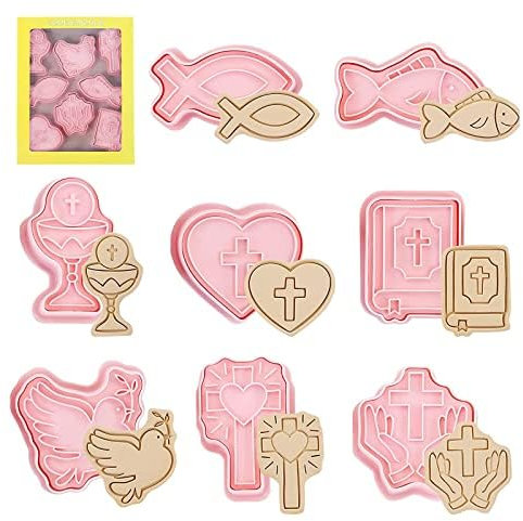 FENGCHUANG 8 Pcs Molde Galletas Bautismo, Galletas 3d Reposteria Molde Plástico, Festival Cortadores Galletas, Formas Galletas para Cocinas, Panaderías, Pastelerías Decorar, Cruz Bautismal (Rosa)