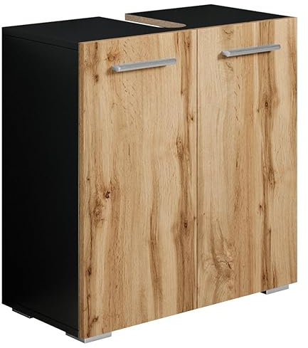 Badezimmer Badmöbel Jupiter Mat schwarz mit Eiche - Unterschrank Badmöbelset Badschrank Schrank Waschbeckenunterschrank