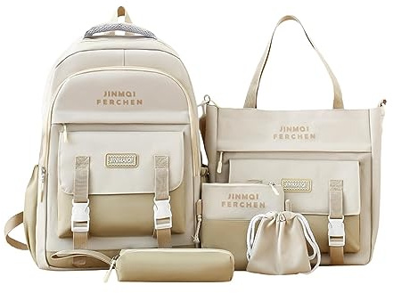 Amagogo Schultaschen Set, Schulranzen, Federmäppchen, 5 Teilig, Schulranzen Rucksack für Die Schule, für Teenager Der Mittelschule, Jungen, Beige