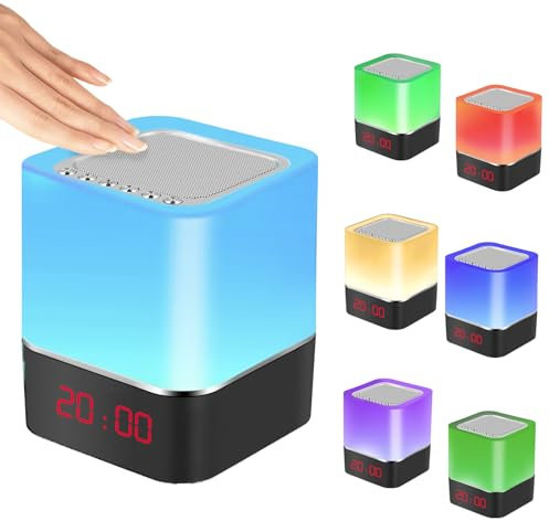5 in 1 Wecker Bluetooth-Lautsprecher Nachtlicht, Nachttischlampe mit Berührungssensor, Dimmbares Warmes Licht und Farbwechsel, RGB LED Tischlampe, Kabelloser Lautsprecher für Kinder, Schlafzimmer