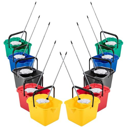 Red, Green, Yellow, Blue & Metallic 12 Litre Cotton Mop & Bucket Hard Floor Cleaning Set With Wringer & Pouring Lip (Red, 1 Set)