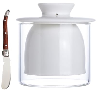 SaiDuoDuo Beurrier en porcelaine, pot à beurre avec couvercle en verre et couteau à beurre en acier inoxydable, pot à beurre pour comptoir avec ligne d'eau,Blanc