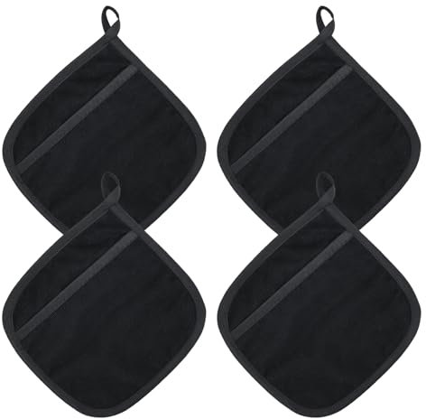 Bekecidi 4er-Pack Topflappen mit Tasche, Ofenhandschuhe Topflappen Hitzebeständig rutschfest, Schwarz Quadratisch Heißes Pad Topflappen zum Kochen, Backen, Küche