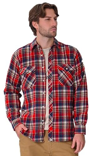 Iris Sprite Chemises à Carreaux pour Hommes Chemise à Carreaux en Flanelle Chemise décontractée à Carreaux Casual Manches Longues avec Poches(M513-Multicolore Rouge, XXL)