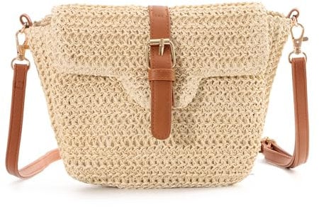 EVEOUT Sac à bandoulière en paille pour Femmes Filles Sac de paille à boucle Sac à main d'été en paille sac de plage tissé pour vacances voyages(Beige)