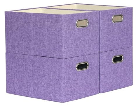 ORGMASTER Collapsible Storage Bins Fabric, Rectangle Baskets Linen Storage Bins Decorative Organizer Baskets Containers Boxes for Shelf Closet Laundry Home Office, 37.5x26x20.3 cm, 4 Pack, Purple