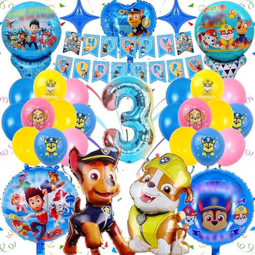 Hund Geburtstag Deko 3 Jahre, Dog Patrol Luftballon, Deko Kindergeburtstag, Exquisite Party Deko, Hochwertige Ballons und Banner für Jungen und Mädchen Geburtstagsfeier