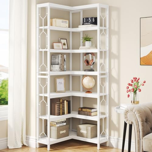 Tribesigns Eck-Bücherregal, 7-stöckiges Industrielles Eckregal, Holz und Metall Ecke Etagere Bücherregal, Freistehendes Lagerregal für Wohnzimmer, Küche, Home Office (Weiß)