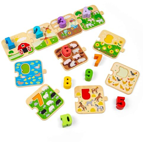 Bigjigs Toys 1-10 Fliesenpuzzle, 20-teiliges Bauernhof-Zähl- und Zahlenpuzzle