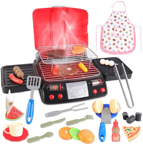 deAO Juguete de Cocina Parrilla para Niños, Juego de Juguete para Barbacoa de 2 Capas con Delantal, Juego de rol, Accesorios para Barbacoa, Accesorios de Cocina para Exteriores con Sonido Ligero