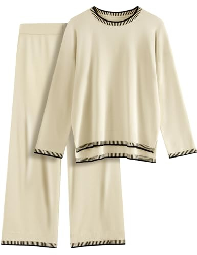 Xnova Zweiteiler Damen Langarm Lounge Sets Hausanzug | Freizeit Schlafanzug mit Gerippt Strickpullover Hose Lange Bequeme Outfit Elastische Sportanzug Weites Bein Hosen Oberteil