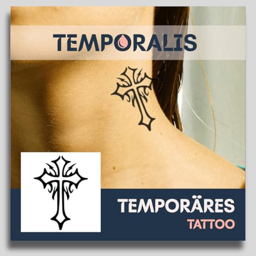 Fake Tattoo Kreuz – Temporalis® | Temporäre Tattoos für Erwachsene – EU-zertifizierte Kosmetik, vegan & wasserfest – Hält 1 bis 2 Wochen [ Gotisches Kreuz ]