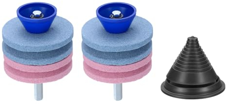 sourcing map Lawn Mower Blade Sharpener, 2pcs Corundum Four Layer Mower Blade Grinder Stone with Black Blade Balancer for Power Drill Hand Drill Garden Tool, Blue/Pink