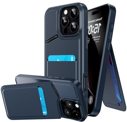 Muigi for iPhone 16 Pro Wallet Case with Phone Stand,RFID Blocking Card Holder Slot, Shockproof Strong Magnetic MagSafe PU Leather Slim Shockproof Phone Cover BLUE