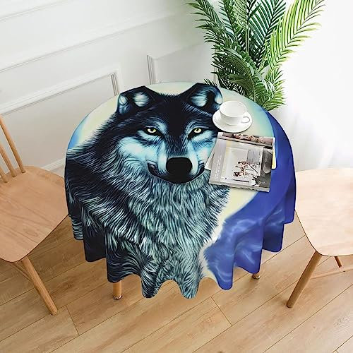WHJWZY Runde Tischdecke mit Motiv Wolf unter dem Mond, 152,4 cm, kann gewaschen werden, für runden Tisch, Esstisch, Couchtisch