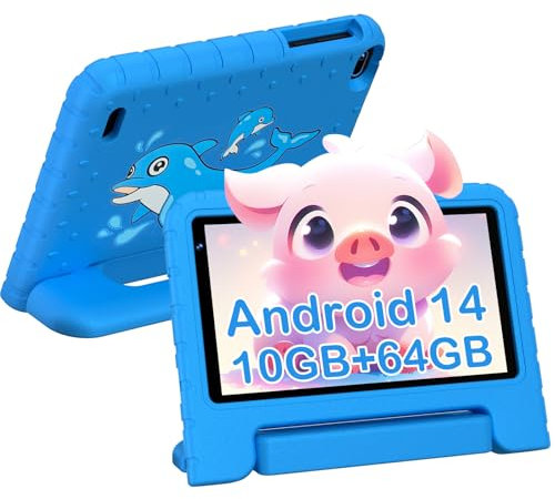 Biegedy Android 14 Tablet, 7 Zoll, 10GB RAM + 64GB ROM/TF 512GB, Octa-Core 1.8GHz | Kinder Pädagogisch | Elterliche Kontrolle | 5G WLAN | Dual Kamera | BT 5.0, Mit Holster Blau