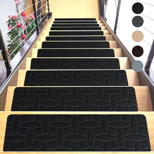 Hearda Treppenstufen Matten,Rechtwinklig 55x19cm Treppe Treppenteppich,Stein Jacquard Stufenmatten 15stück, Treppenteppich Selbstklebend,Antirutschmatte Drinnen für Drehtreppen (Schwarz,15 pc)