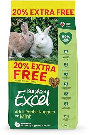Burgess Excel Rabbit Food with Mint, 1.8kg – Adult Rabbit Nuggets – High Fibre, Mint Pellets
