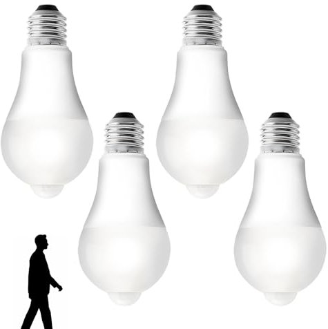 4 Stück E27 LED Glühbirne mit Bewegungsmelder, LED Birne mit PIR Bewegungsmelder E27 LED Lampe 12W Kaltes Weiß 3000K Lichtsensor Energiesparlampe für Flur Garage Treppe Balkon