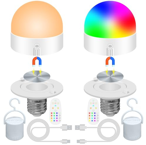 YATOSEEN 2 PACK E27 USB Rechargeable Light Bulb with 2 Remote Controls, RGB Dimmable Color Changing Bulb, Magnetic LED Light for Non Hardwired Lamps, Detachable Timing LED Bulb