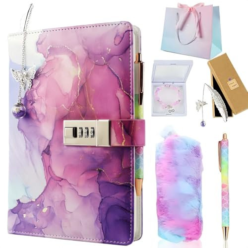 MHwan Diario Secreto Niña, Set de Regalo de 6 Piezas para Niña, Viene con Bolsa de Regalo, Diario con Candado Con Funda de Cuero PU Impermeable, Exquisitos Regalos de Cumpleaños Vacaciones para Niñas