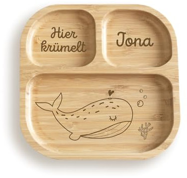 hellomini Personalisierter Babyteller mit Saugnapf – Individueller Kinderteller aus hochwertigem Bambusholz – Geschenk zur Geburt & Taufe – BPA-frei (Wal, Nur Teller)