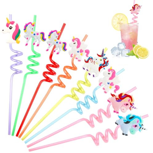 8 Stück Einhorn Strohhalme Kinder, Einhorn Deko Geburtstag, Trinkhalme Plastik Wiederverwendbare für Geburtstagsdeko Party Deko