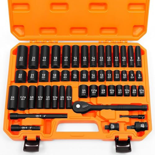 3/8 Drive Impact Socket Set, 50 Pieces, SAE & Metric Sizes (5/16 to 3/4, 8mm to 22mm), 6 Point, Cr-V, Includes Ratchet Handle, Drive Extension Bar, Impact Universal Joint