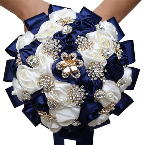 Nvzi Bouquet da sposa di lusso fatto a mano, grande, in seta, con rose artificiali, bouquet da sposa vintage (blu scuro + bianco)