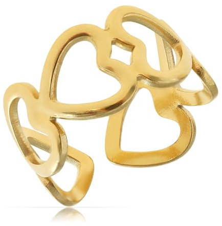 Made by Nami Herz Ring Damen Gold aus chirurgischem Edelstahl Größen-Verstellbarer Ring Gold mit Herzen Wasserfester Schmuck Geschenk für Sie