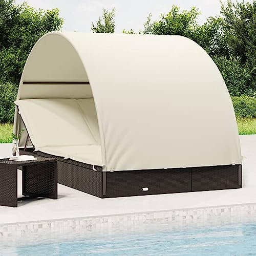 IKAYAA Doppelliege Outdoor 2 Personen Doppel Gartenliege mit Sonnendach Rattan Sonnenliege Sonnenbett Loungebett Gartenbett mit Auflage Liege Outdoor Rattanliege Liegestuhl Garten Schwarz und Weiß