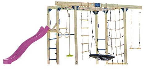 AXI Boris Klettergerüst aus Holz in Braun mit lila Rutsche | Kletterspielplatz für Kinder mit verschiedenen Schaukeln, Trapez, Kletternetzen und Hangelstangen | Spielgerät für den Garten