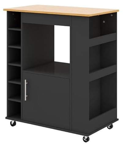 GOPLUS Desserte de Cuisine à roulettes, Plateau en Bambou, Casier à vin 6 Bouteilles, 2 Roues Verrouillables, îlot de Cuisine Roulant, Étagère à épices, Porte-Serviettes, Noir