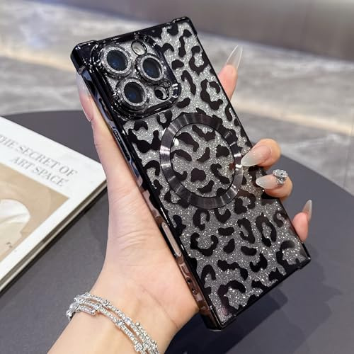 QIWEIQING Glitter Case for iPhone 14 Pro Max with Mag-Safe Cute Leopard Pattern Leather Aesthetic Phone Cover for Women Girls Soft Silicone Protective Case for iPhone 14 Pro Max. Black BW