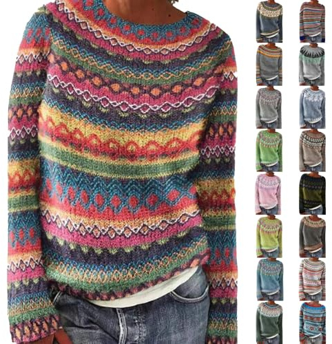 Fairisle Jumpers for Women UK Long Sleeves Icelandic Sweaters for Women Soft Comfortable Nordic Jumpers Cosy Warm Fashion Crew Neck Autumn Sweaters Plus Size Casual Pullover Tops Ladies Knitwear