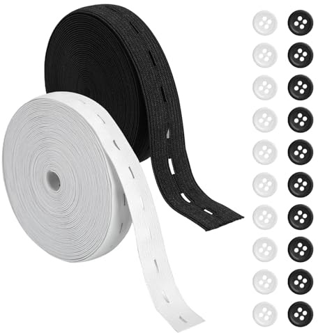 2 Rolls Buttonhole Elastic, Elastic with Button Holes,15mm x 8m Black & White Stretchable Spandex Webbing Tape, DIY Sewing Bands with 20 Button for Waistbands Jeans Skirts Trousers Wig Bands Crafts