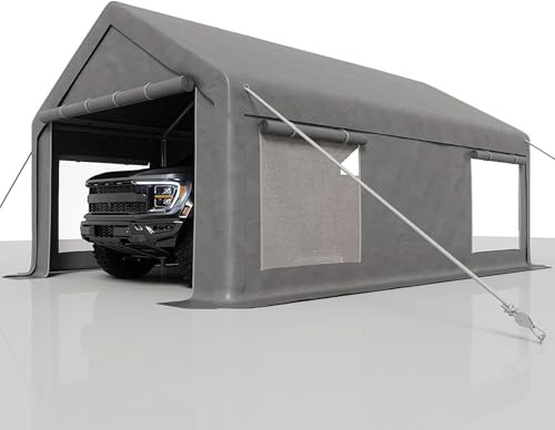 Heavy Duty Carport 13x25 ft, Car Canopy with Waterproof PE Cover, Roll-Up Windows & Doors, Extra Large Portable Garage, Outdoor Storage Shed for Truck, Pickup, Boat, and Equipment, Grey