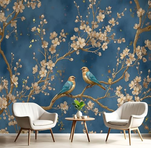 Papier Peint Panoramique Fleur De Prunier Feuille D'Or Oiseau, Papier Peint Bleu Marine Motif Animaux Élégants, Tapisserie Panoramique Salon Canapé Fond, Décoration Murale Chambre, 150X105Cm (Lxh)