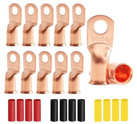 12Pcs 2/0 AWG 3/8(M10) Stud Heavy Duty Copper Wire Lugs with 12Pcs Heat Shrink Tubing 2/0 Gauge Battery Cable Ends Ring Terminals Bare Copper Eyelets Tubular Ring Terminal for Car Boat Marine