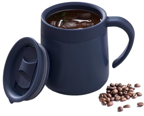 YiZhou Insulated Coffee Mug with Lid, 300ml Double Wall Stainless Steel Thermal Travel Mug, Leak-Proof for Hot & Cold Drinks, Portable Reusable Coffee Cup with Non-Slip Handle (Navy Blue)
