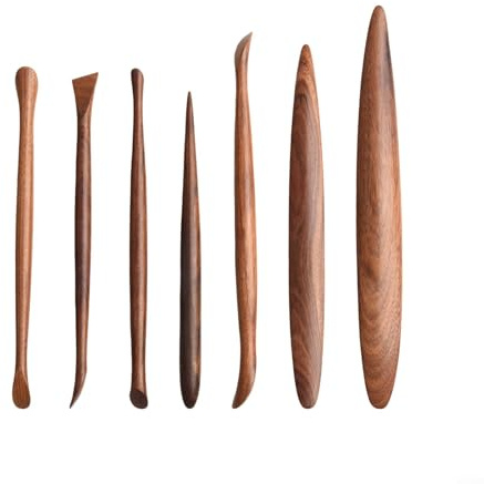 HEBEOT Set of 7 Mahogany Pottery Sculpting Tools, Hand-Carved Redwood Clay Modeling Kit, Finely Polished Wood for Comfortable Grip, Ideal for Ceramic Carving, Oil-Based Mud and