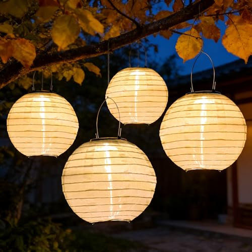 SLWOO Solar Lampions Außen Wetterfest 4 Stück 20cm Hängende LED Laterne | aus Nylon, mit Solarbetriebene, Gartenlaterne Beleuchtung für Garten Hof Terrasse Hochzeit Fest Deko (Warmweiß)