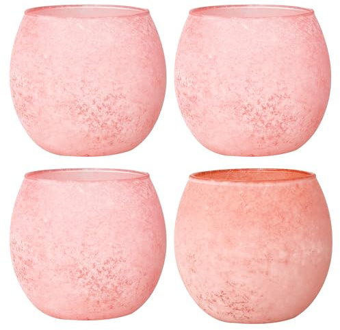 Teelichtgläser Rosa, 4er Set Matte Rosé Teelichthalter Glas für Muttertag & Osterdeko, Romantische Kerzengläser, Vintage Kerzenhalter Glas als Tischdekoration für Hochzeit, Valentinstag & Zuhause