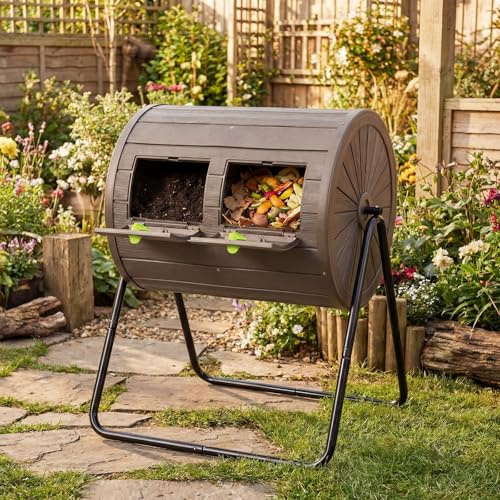GiantexUK Dual Chamber Garden Compost Bin, 142L Tumbling Composter with 2 Doors & Metal Legs, BPA Free Outdoor Garden Rotating Composting Waste Box (Coffee)