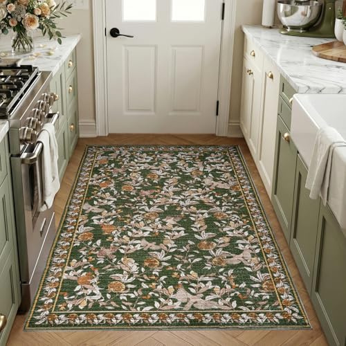TOPICK Vintage Küchenteppich Läufer Flur Küchenläufer 80x150 Orange Grün | waschbar floral Teppichläufer brücken Teppich Läufer Blumen floral rutschfest cottagecore Flurteppich lang Kitchen Runner Rug