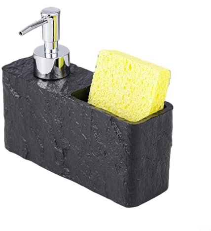 EXTRWORY Distributeur de savon avec porte-éponge, bouteille à pompe manuelle de 250 ml pour évier de cuisine, salle de bain, design en résine peu encombrante, noir ou beige (noir)