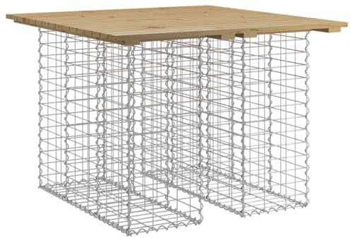 HETFTJN Table de Jardin Gabion 100x102x72 cm, Table Haute d'Extérieur avec Plateau en Bois de Pin Imprégné et Base en Acier Galvanisé pour Terrasse, Cour et Balcon