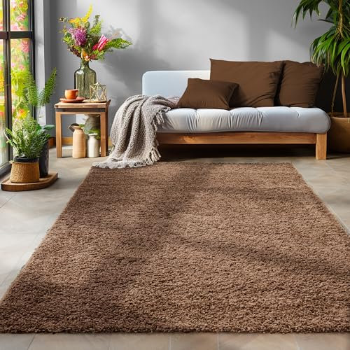 SIMPEX Flauschiger Teppich Wohnzimmer Schlafzimmer Läufer Flur Esszimmer Küchenteppich Hochflor Einfarbig Modernes Design 30 mm Florhöhe Kuschelweich, Braun, 80 x 150 cm